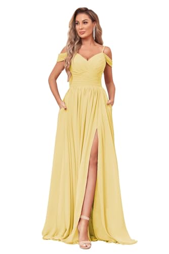 Image of BOLENSYE Off the Shoulder Bridesmaid Dresses with Pockets Ruched Chiffon Long Slit Formal Evening Gown