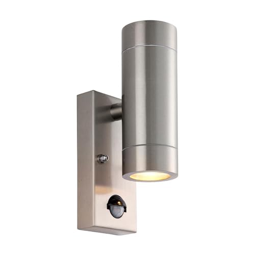 Bright Source GU10 Outdoor Wall Light Fitting, PIR Motion Sensor, Silver, Stainless Steel Construction, IP44 Rated, Modern Home Porch Light (1, Up/Down Wall Light)