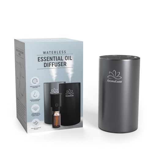 AromaLuxe - Diffusore Oli Essenziali Senza Fili a Batteria Ricaricabile USB-C, Senza Acqua, Ideale per Auto, Robusto in Alluminio, Intensità e Timer regolabile, Grigio