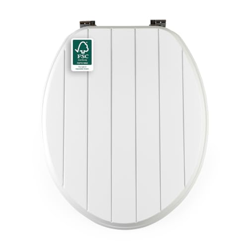 Beldray WC Sitz mit Absenkautomatik, Toilettensitz Holz Abnehmbar, Klodeckel Oval mit Soft Close 43cm, Premium Toilettendeckel mit Edelstahlscharnier, Einfache Montage, Weiß