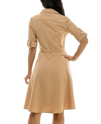 Image of Sharagano Women's Pleated Shirt Dress - 3 /4 Sleeve, V-Neck, Gold Buttons