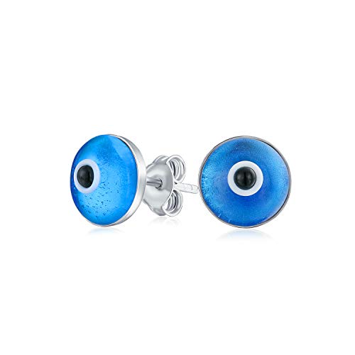 Spiritual Protection Round Blue Nazar Evil Eye Stud Earrings For Women Teen Murano Glass .925 Sterling Silver 9MM Made In Turkey