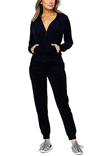 Pink Queen Women's Velour Long Sleeve Zip Up Jacket Drawstring Pants Tracksuit Navy