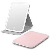 Kintion Travel Makeup Mirror, Portable LED Lighted Makeup Mirror, 360° Rotation Touch Screen Vanity Mirror, 60 LEDs, 3-Color Dimmable Lighting, Rechargeable Tabletop Folding Cosmetic Mirror, Pink