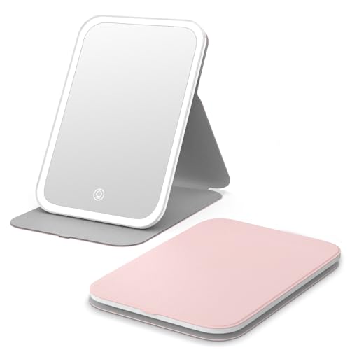 Kintion Travel Makeup Mirror, Portable LED Lighted Makeup Mirror, 360° Rotation Touch Screen Vanity Mirror, 60 LEDs, 3-Color Dimmable Lighting, Rechargeable Tabletop Folding Cosmetic Mirror, Pink