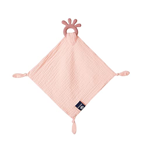 Baby Muslin Security Blanket with Food Grade Silionce Teether,Soothe Teething Toy for Boys and Girls,100% Polyester (Pink)