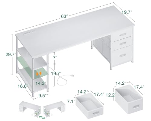 Image of AODK 63 Inch Computer Desk with Drawers & USB Power Outlets, Reversible Home Office Desk with Storage Shelves, Work from Home, Modern Work /Writing /Study Table for Bedroom, White