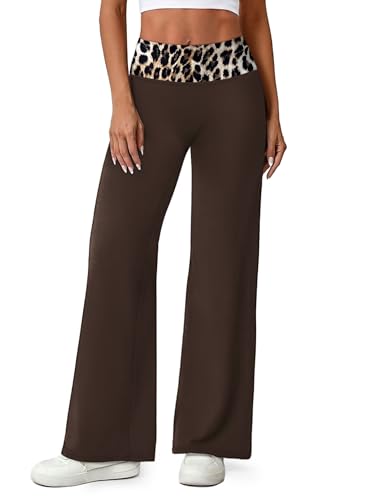 NIASHOT Leopard Pants Women Wide Leg High Waisted Straight Leg Leggings Brown Pants Yoga Workout Pilates Outfits Fashion Clothing S