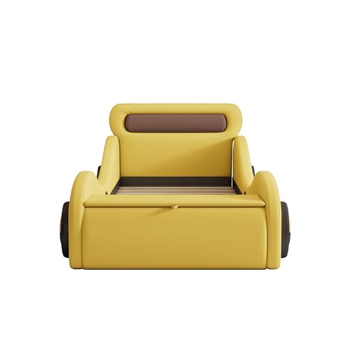 Autobett Kinderbett Jugendbett 90x200, Polsterbett Einzelbett mit leuchtenden Rädern&Stauraum, Aufregendes Auto Kinderbett für kleine Rennfahrer, Kinder Spielbett mit Lattenrost, PU,Ohne Matratze,Gelb