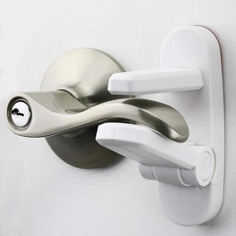 Door Lever Lock (2 Pack) Prevents Toddlers from Opening Doors. 3.25" L * 1.5" W * 4.5" H Easy One Hand Operation for Adults. Durable ABS with 3M Adhesive Backing. Simple Install, No Tools Needed. Cover