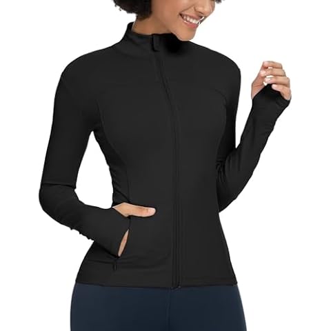 QUEENIEKE Womens Running Jacket Athletic Workout Jackets Track Full Zip Up Gym for Women Yoga Top Nurse Align Slim Fit Sport bbl Scrub Jacket Long Sleeve Sweater Black Small Cover