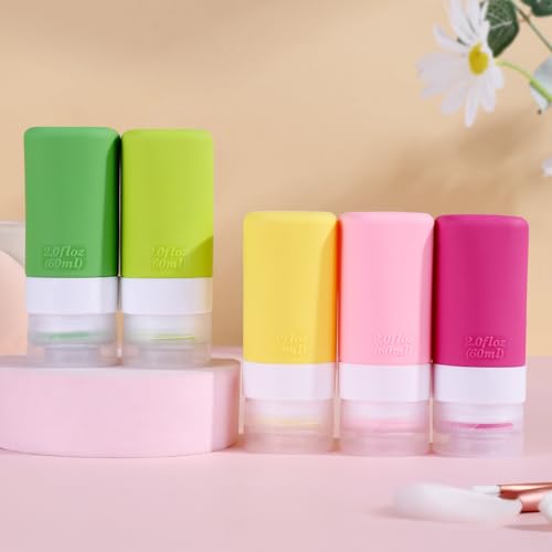 INSFIT 5 Stück Silikon Reiseflaschen Set, FDA-zugelassene 60ml Reisegrößenbehälter, BPA-freie, auslaufsichere, quetschbare Silikonschläuche für Shampoo, Spülung, Lotion, Seife mit Etiketten