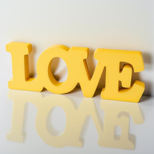 Love Sign Wooden Blocks V-day Gift Freestanding Love Letter Table Top Decor Valentines Day Decorations Romantic Table Red Sign LOVE Words Shape for Home Party Wedding Anniversary Decor (Yellow)