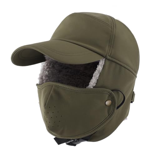 Magracy Mens Winter Trapper Hat with Face Mask Water-Resistant Reflective Baseball Cap with Earflaps Sherpa Lined Aviator Cap Army Green