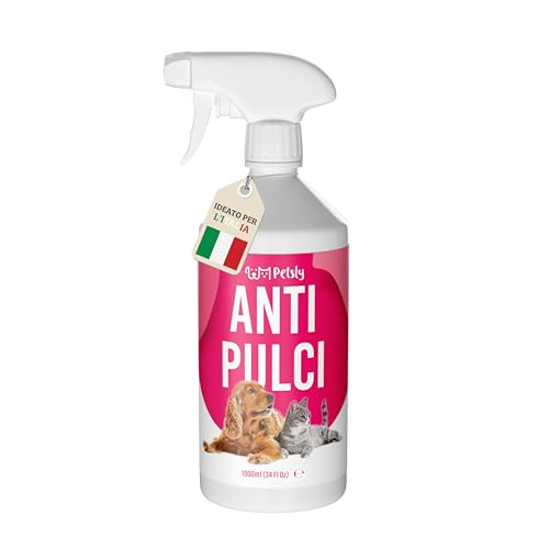 Petsly Spray Antipulci Gatto e Cane - 1L - Non Macchia - Anti pulci per Ambienti, Antizecche e Antiacaro per Casa, Auto, Mobili e Tessuti - Efficace Spray Antipulci per Cani ad Azione Rapida