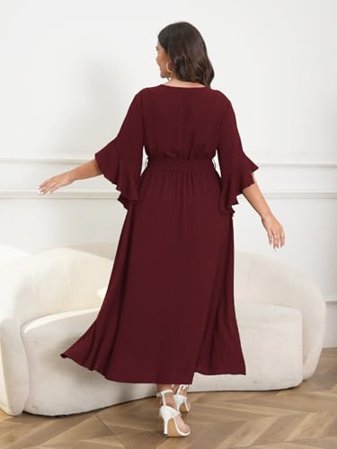 Womens Plus Size Dress Wedding Guest Cocktail Ruffle Half Sleeve Wrap V Neck Slit A Line Maxi Dresses with Belt3