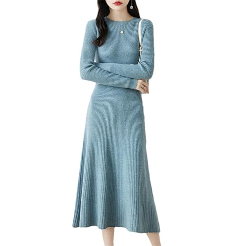 Damen Maxi-Strickkleid aus Wolle Langarm Rundhals Pullover A-Linie einfarbig elegant Herbst Winter Freizeitkleid EN803 XL
