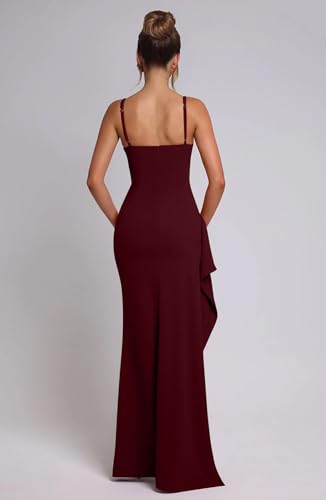 Image of Memoriesea Women's Sexy Plunge Neckline Bodycon Ruched High Slit Party Maxi Dress