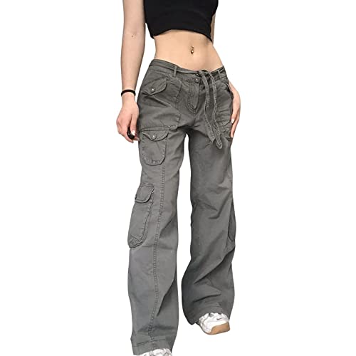 FUZUAA Damen Low Waist Cargo Jeans Gerade Breites Bein Baggy Denim Hosen Y2k Indie Aesthetic Vintage Jeanshosen 90er Streetwear (Color : Gray, Size : S) Cover