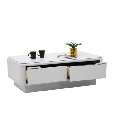 Image of Royaloak Zurich Italian Glass Coffee Table | Coffee Table for Living Room with Tempered Glass, High Gloss Finish, Drawer Storage & Pedestal Base | Modern Centre Piece with Elegant Design