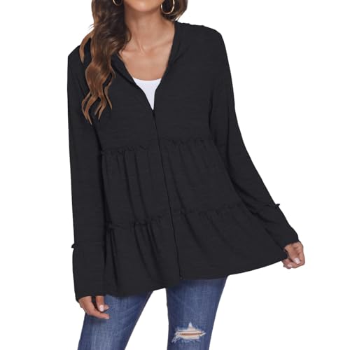 Full Zip Up Hoodie Women Pleated Tiered Ruffle Hooded Sweatshirt Lightweight Open Front Cardigan Coat Casual Jacket4