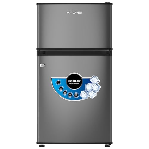 KROME Double Door Refrigerator 138L Gross / 90L Net Capacity Direct Cool Top Mount Freezer Glass Shelves Lock & Key Dark Silver Finish R600a Refrigerant KR-RF138DDSG