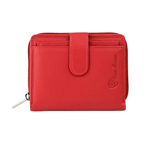 CM Conte Massimo Cartera Mujer Pequeña de Piel Auténtica, Billetera con Monedero Cremallera y Protección RFID, Rojo