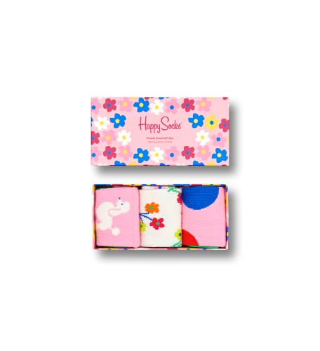 Happy Socks 3-Pack Flower Socks Set, Colorful & Fun, Kids Socks, Blue-Green-Orange-Yellow-Pink-White-Red, Blue, 2-3 Years