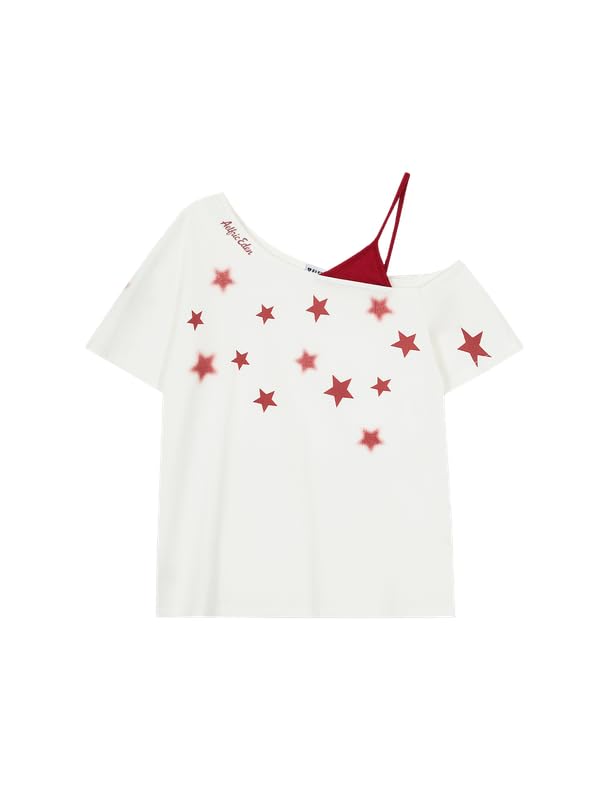 Aelfric Eden Off Shoulder T-Shirt Damen Tshirt Y2K 2-in-1 Look Schulterfreies Oberteil Sommer Shirt mit Stern Casual Kurzarm Top Streetwear Weiß L