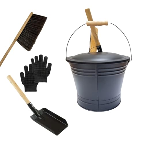 Cubo de cenizas con tapa, herramientas de metal resistentes, recipientes grandes de acero, juego de accesorios de limpieza de chimeneas, almacenamiento fiable resistente al calor para hoguera