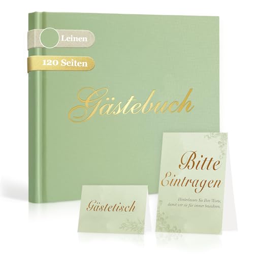 Foliom Gästebuch Set Hardcover Salbeigrün 20x20 cm 120 Seiten Blanko Leinen & Goldfolie mit Tischschild & Willkommenskarte für Hochzeit Geburtstag Taufe Jubiläum & Party