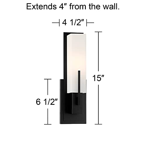 Image of Possini Euro Design Midtown Modern Wall Light Sconce Black Hardwired 4 1 /2 inch Fixture Opal White Glass Rectangular Shade for Bedroom Bedside Bathroom Vanity Living Room Hallway Dining House Kitchen