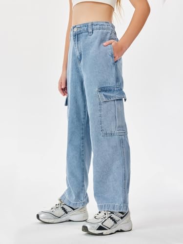 Haloumoning Girls Jeans Denim Elastic High Waisted Wide Leg Baggy Cargo Pants with Pockets 5-14 Years4