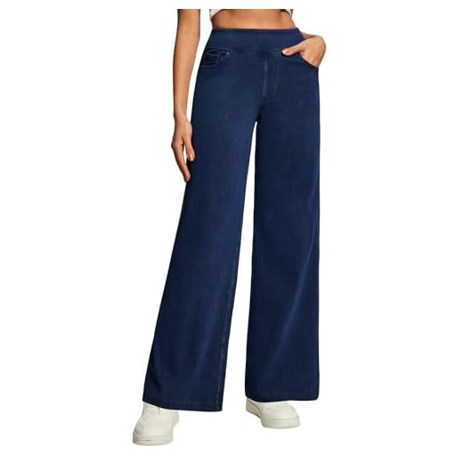 Heathyoga Jeans feminino de perna larga, cintura alta, calça jeans folgada, elástica, calça jeans de perna reta, Azul escuro, M