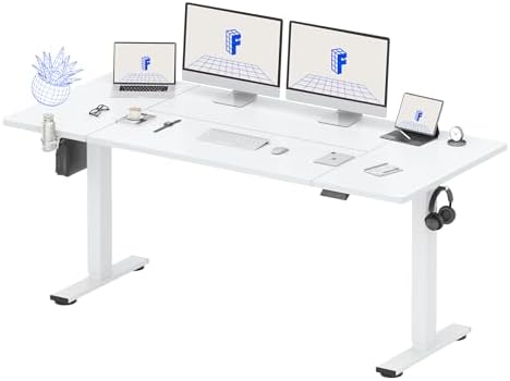 FLEXISPOT QE PRO Escritorio Elevable Eléctrico 180x80cm, Mesa Elevable con 2 Ganchos, Portavasos y Organizador de Cables, 4 Función de Memoria, Standing Desk para Oficina & Hogar y Teletrabajo, Blanco