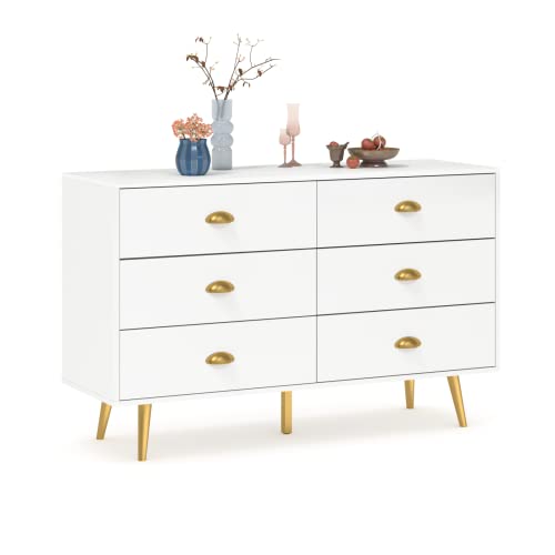 LYNSOM White Dresser, Modern 6 Drawer Double Dresser with Gold Pulls