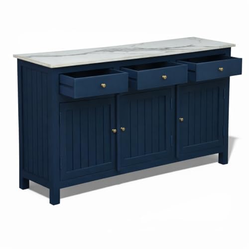 Image of Solid Wood Madrid Sideboard Cabinet with Sintered Stone Top for Living Room | Premium Acrylic Midnight Blue | 130x40x80 cm