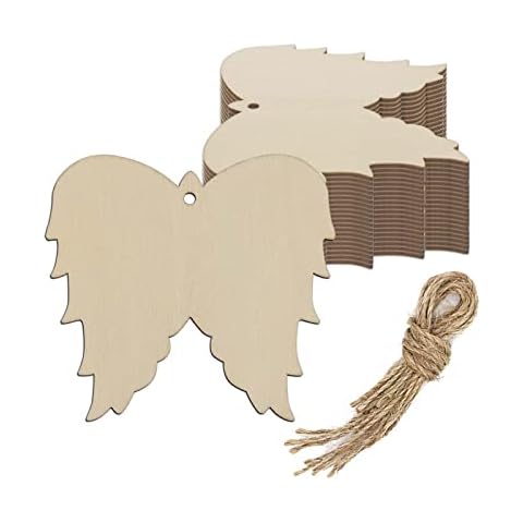 Angel Wing Shaped Wood DIY Craft Cutout Hanging Ornaments with Hole Hemp Ropes Gift Tag Perfect for Wedding Birthday Christmas Decoration (3.62x3.94 in, 20 Pcs) Cover