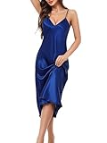 Litherday Women Silk Nightdress Lingerie Long Negligees Satin Chemise Nighty Nightwear Nightgown Full Slips Babydoll Sleepwear Strap Dress(Dark Blue,L