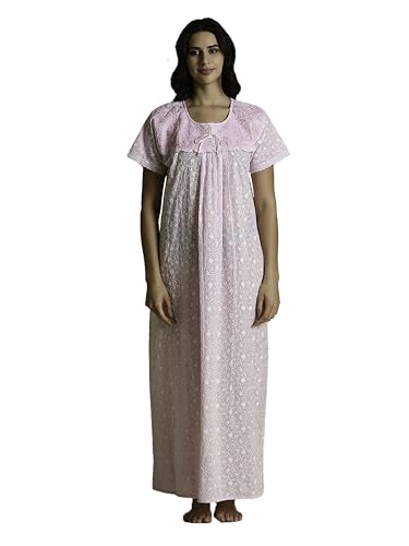 Image of 9shines Label Stylish Chikankari Cotton Nighty Maxi for Women | Full Length Nightgown | Nightdress with Pocket | Embroidery Nighty | Soft Comfortable Cotton Nightwear (1545)