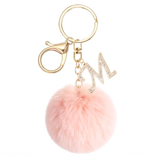 JSRQT Porte-clés Pompons Roses avec Initiales M, Porte-clés Lettres Alphabet en Métal et Strass pour Femme Fille, Pendentifs Keychain de Sac en Peluche...