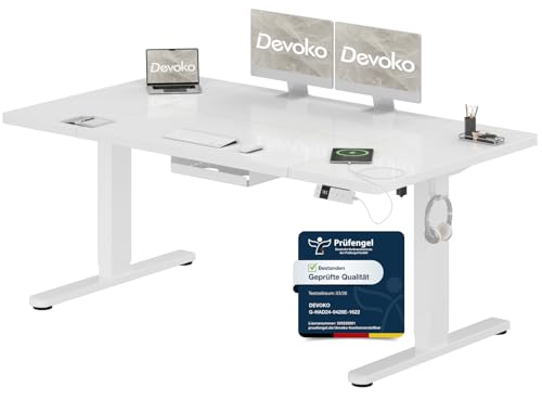 Devoko Höhenverstellbarer Schreibtisch 160x80cm mit Typ-C Ladeanschluss, Mobiler Elektrisch Computertisch mit Kabel Management Tray und 3-Funktions-Memory, Weiß