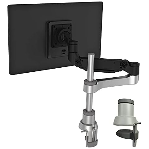 R-Go Tools Caparo 4 D2, Single monitor arm, Fully adjustable with gas spring, Vesa(75x75 and 100x100mm) Mount Desk Stand with Clamp, Fits 40’’Inch LCD Computer Monitors, Weigh max 9KG, Matte silver Cover