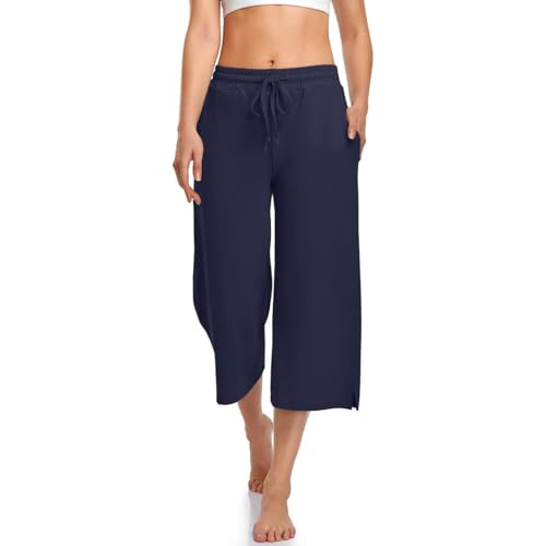 UEU Womens Capris Yoga Pants Summer Casual Loose Wide Leg Stretchy Lounge Drawstring Comfy Crop Pajama Capri Sweatpants Bottoms with Pockets Navy S by UEU - Used condition - US$11.95