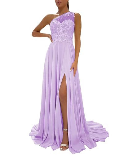 Image of LANGKAAO One Shoulder Lace Bridesmaid Dresses Long for Wedding A-Line Chiffon Slit Formal Party Gown with Pockets