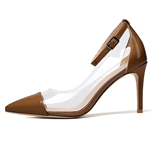 Soireelady Women's Clear Pumps Pointed Toe Ankle Buckle Stiletto Heel Dressy Wedding Shoes 8CM2