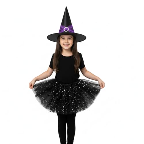 Fantasia Infantil Halloween Saia com Gliter+ Chapeu de bruxa (Preto, Infantil)