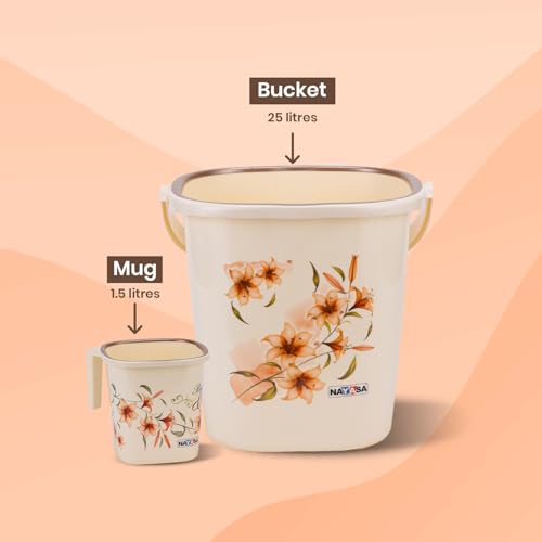 Nayasa Square Ring Deluxe Plastic Bucket Set for Bathroom | Bucket and Mug (25 Liters & 1.5 Liters) | Bathroom Set of 2 | Bathroom Accessories Set | Bathroom Bucket Set | Off White
