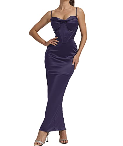 Image of Sexyshine Women's Spaghetti Strap Cowl Neck Satin Corset Dress Bodycon Backless Formal Evening Party Maxi Dress