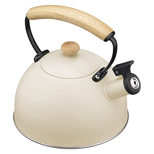 Navaris Stove Top Whistling Tea Kettle - 2.4 QT (2.3L) Stainless Steel Stovetop Kettle - Tea Pot For Induction, Electric & Gas Hob - Teapot for Stovetop - Cream